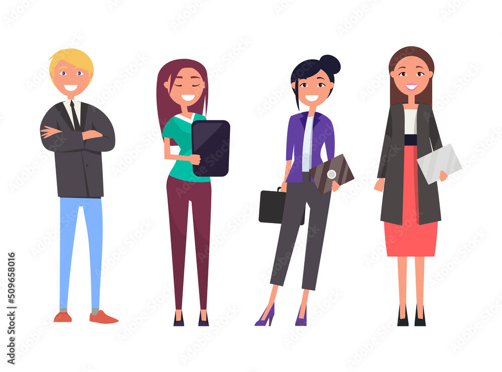 Businessman and women with digital tablets isolated set, people on business meeting vector successful team, well-dressed employers in expensive suits Businessman and women with digital tablets isolated set, people on business meeting vector successful team, well-dressed employers in expensive suits
