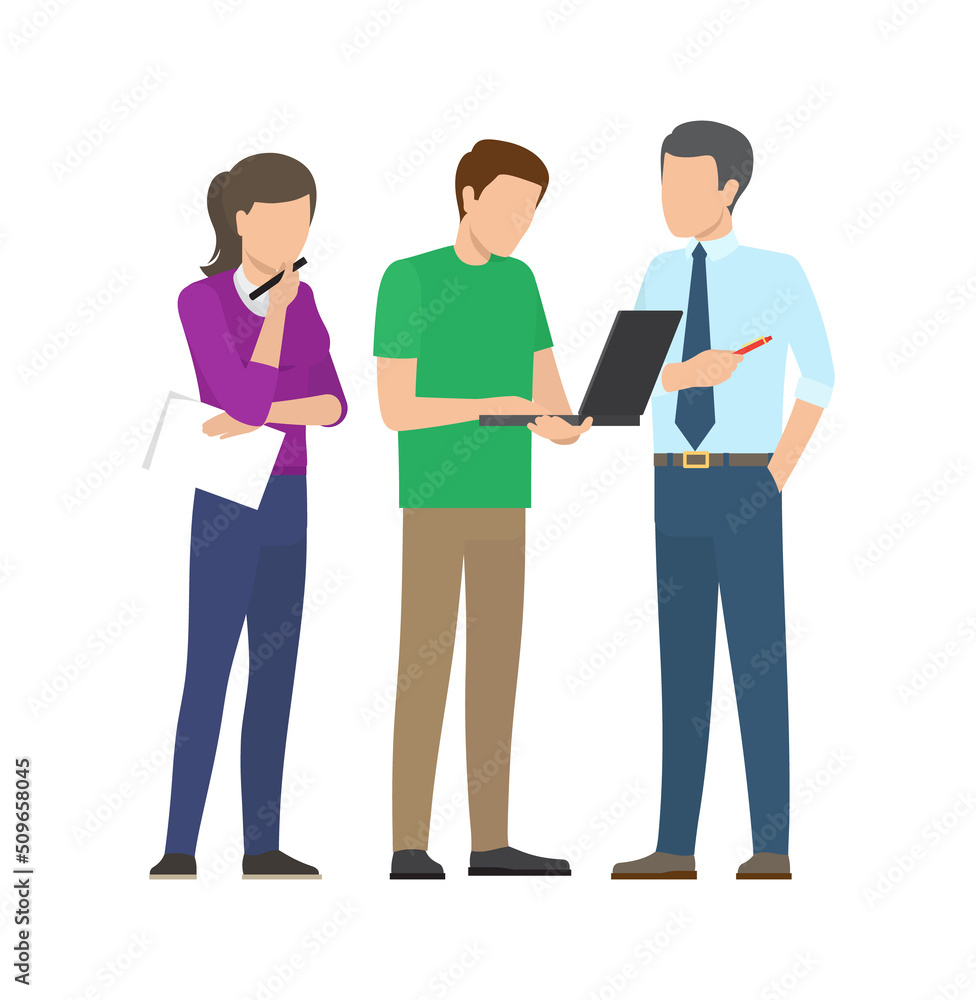 Team works on new startup with laptop and papers. Woman and men develop business project. Productive teamwork projects isolated vector illustration.