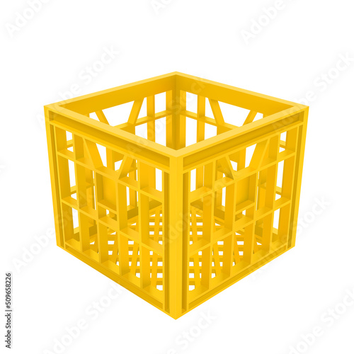 3d Yellow Plastic Crate Template. Photo Realistic Vector Rendering Isolated On White Background. Perspective View