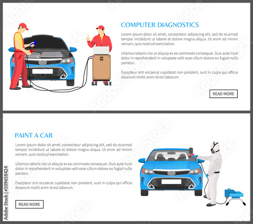 Computer diagnostics web pages set with title text sample, auto mechanics and man painting car, transport maintenance collection vector illustration