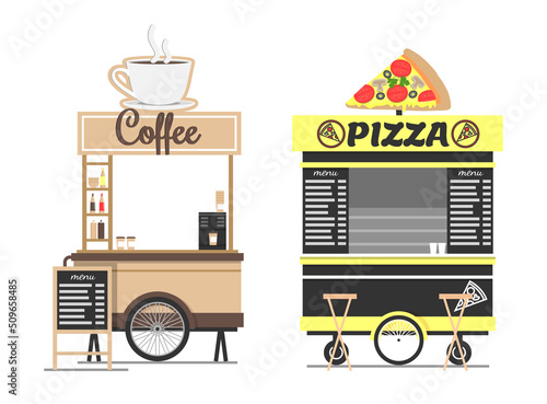 Coffee and pizza shops mockups isolated white background, vector illustration of snack van with printed menu hot drinks wagon on one wheel cart set