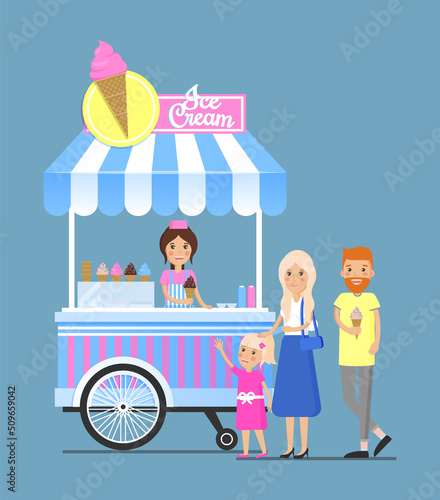 Street ice cream cart with vendor and customers. Cold summer dessert from mobile shop right outdoors. Family buys frozen food vector illustration.