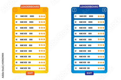 Game leaderboard Set with abstract background Game users interface design with blue and yellow color theme. Menu, Play game, Mobile application