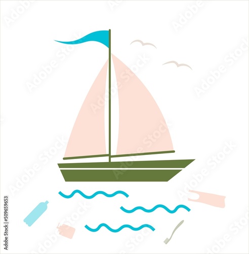 Garbage floating in water. Pollution of planet and ocean. Sailboat sailing on sea littered with plastic waste. Sea polluted water. Cute boat with sails on a white isolated background.