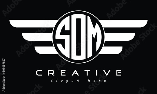 SOM three letter initial letter logo in circle with wings vector template.