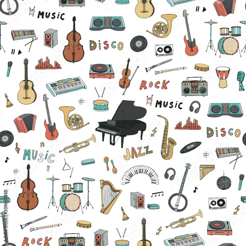 Musical instruments vector seamless pattern