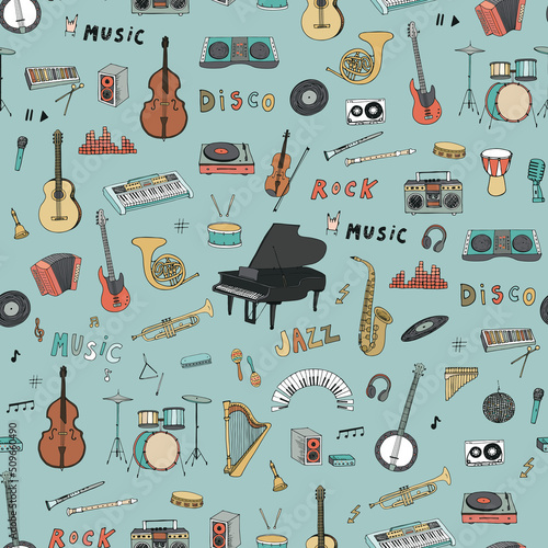 Musical instruments vector seamless pattern