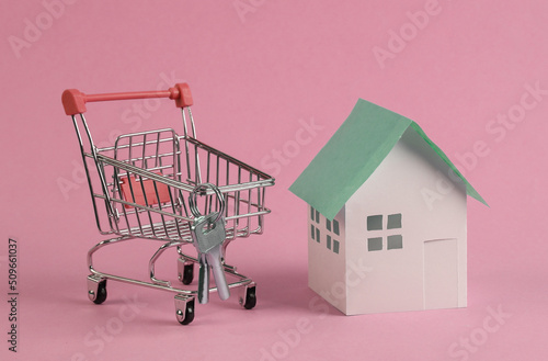Home purchase. Mini paper house figurine and supermarket trolley with keys on pink background.