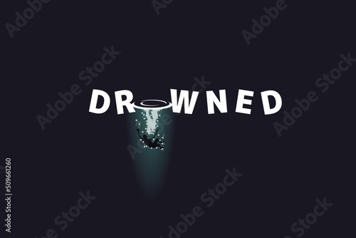 creative drowning vector illustration with a man sinking into the ocean with the waves forming the letter "O"