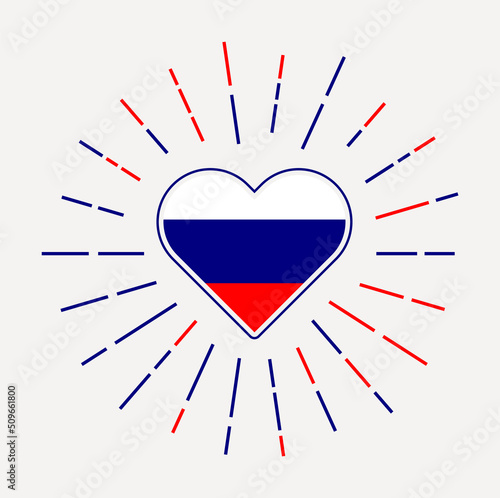 Russia heart with flag of the country. Sunburst around Russia heart sign. Vector illustration.