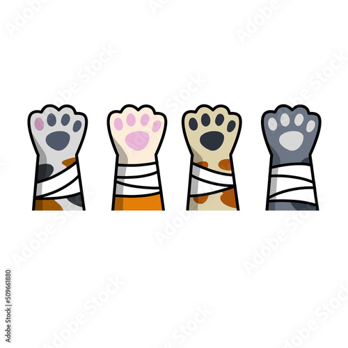 Broken cat paw. Medical care for pets. Veterinary clinic. Help for animals. Bandage on arm. Flat cartoon