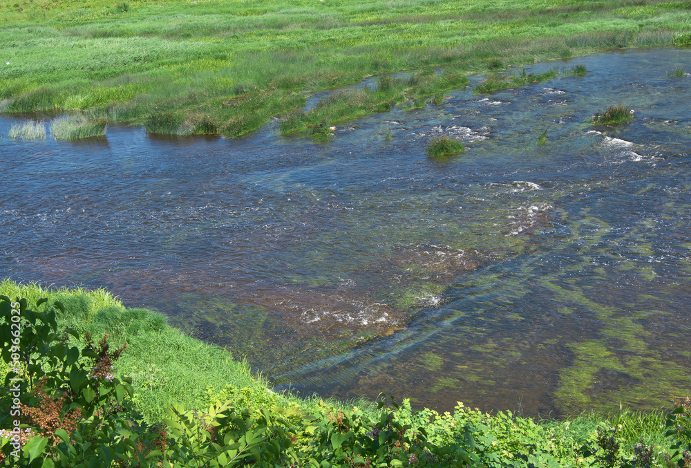 Clean, clear water of the Venta River in the city of Kuldiga in Latvia. Selective sharpness.