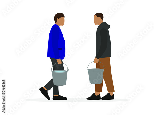 A male character with a full bucket of water and a male character with an empty bucket are standing together on a white background