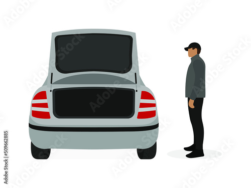 A male character is standing near a car with an open trunk on a white background
