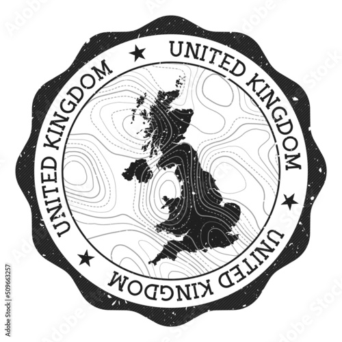 United Kingdom outdoor stamp. Round sticker with map of country with topographic isolines. Vector illustration. Can be used as insignia, logotype, label, sticker or badge of the United Kingdom.