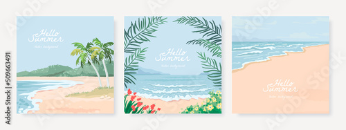 Set of vector square landscape background. Beautiful illustration of sandy summer beach. Summer holidays card, poster or banner design template photo