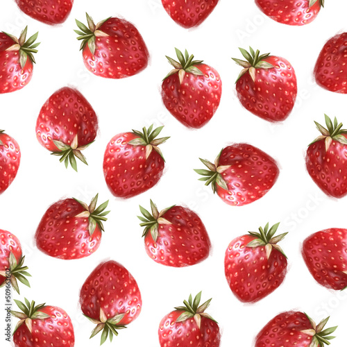 Fototapeta Naklejka Na Ścianę i Meble -  Strawberry seamless pattern. Summer forest berries texture on white background