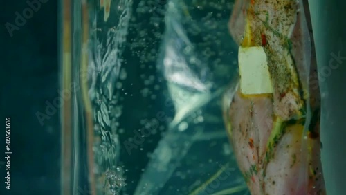 Vertical screen: The vacuumed meat is immersed in water. Sous-vide