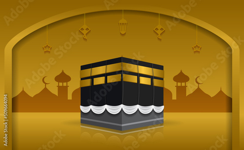 Islamic kaaba with 3d white clouds and stars in gold frame
