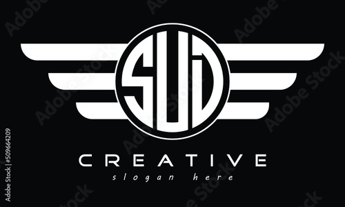 SUD three letter initial letter logo in circle with wings vector template.