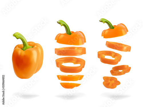 Realistic bell pepper, whole and sliced vegetable set