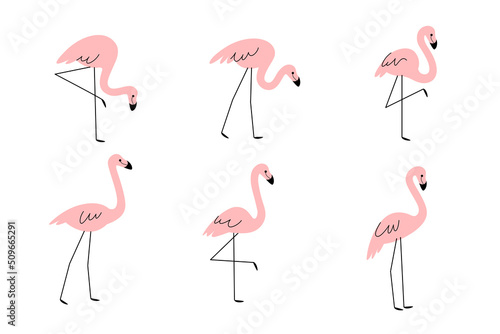 Cartoon flamingo illustration. Cute bird in different poses. Vector illustration for prints, clothing, packaging, stickers.