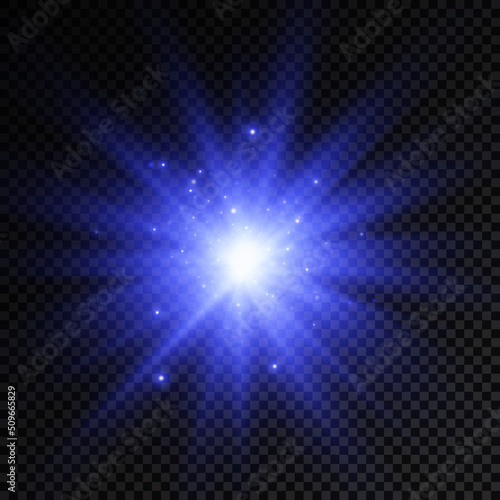 Glow bright light star  blue sun rays  sunshine.