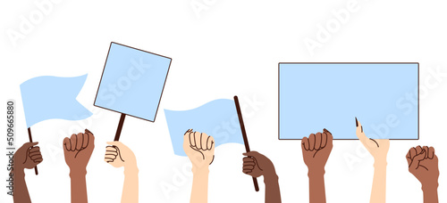 A crowd of people holding posters and flags. Vector illustration in cartoon style on isolated background.