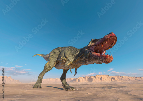 tyrannosaurus is angry on sunset desert cool view