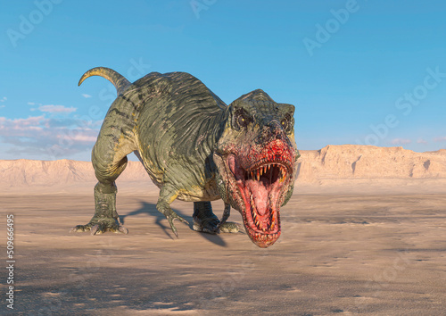 tyrannosaurus is hunting down on sunset desert