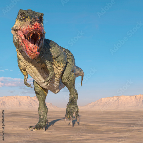 tyrannosaurus is walking around looking for food on sunset desert wth copy space © DM7