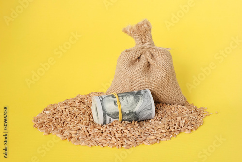 Wheat, a sack of wheat next to one hundred US dollars. Yellow background. The concept is a symbol of the harvest, the food crisis during the war. Import, export of grain. Agriculture.