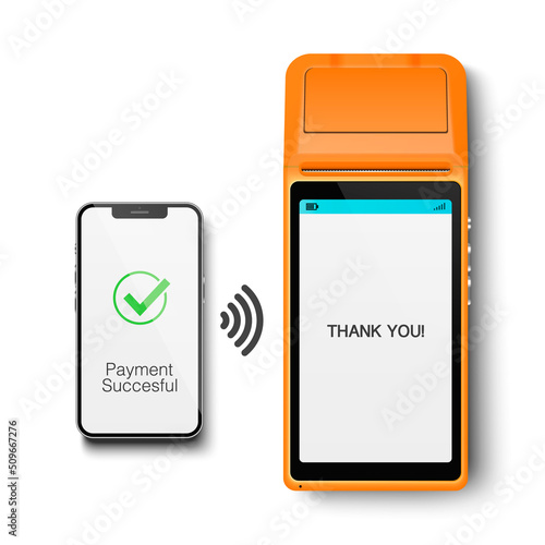 Vector 3d NFC Payment Machine and Smartphone. Payment Succesful. Approved Transaction. POS Terminal, Machine, Phone Isolated. Design Template of Bank Payment Wireless Contactless Terminal, Mockup