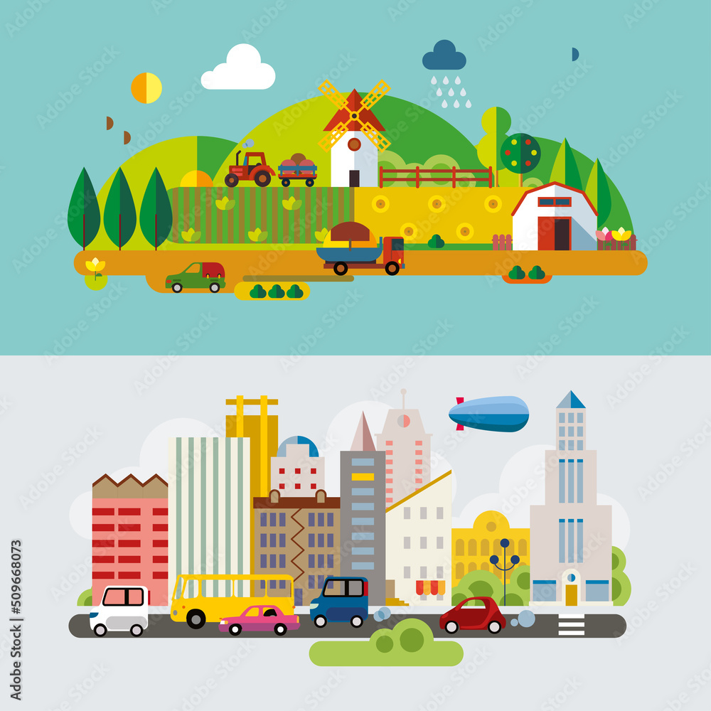 Naklejka premium Set of different landscapes in the flat style - urban, rural, country, fabulous, city, mountain, travel.