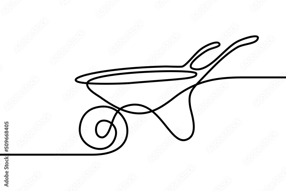 Wheelbarrow in continuous line art drawing style. Black linear sketch isolated on white background. Vector illustration Wheelbarrow in continuous line art drawing style. Black linear sketch isolated on white background. Vector illustration