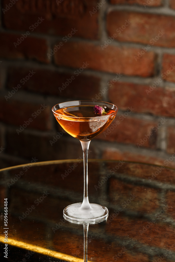 Homemade Rob Roy Cocktail with Scotch and Vermouth. Whiskey-based drinks with cherry. Manhattan cocktail