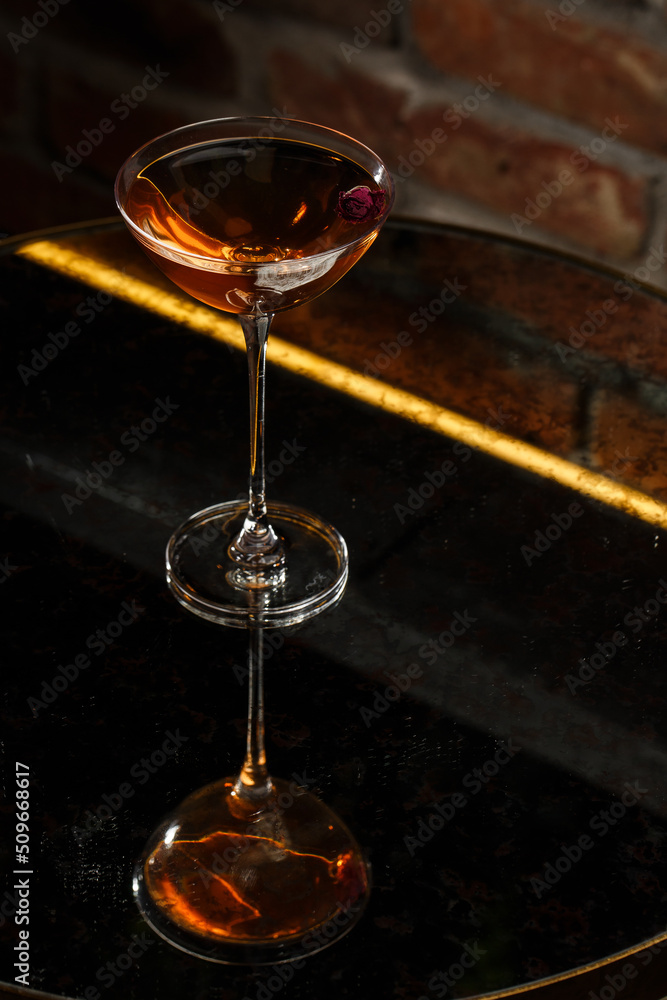 Homemade Rob Roy Cocktail with Scotch and Vermouth. Whiskey-based drinks with cherry. Manhattan cocktail