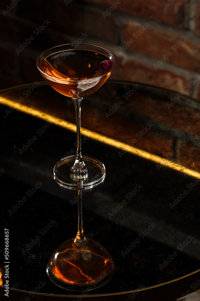 Homemade Rob Roy Cocktail with Scotch and Vermouth. Whiskey-based drinks with cherry. Manhattan cocktail