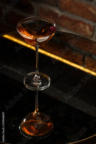 Obraz na płótnie Homemade Rob Roy Cocktail with Scotch and Vermouth. Whiskey-based drinks with cherry. Manhattan cocktail w salonie