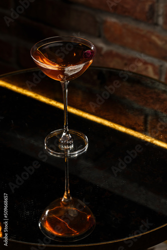 Obraz na płótnie Homemade Rob Roy Cocktail with Scotch and Vermouth. Whiskey-based drinks with cherry. Manhattan cocktail w salonie