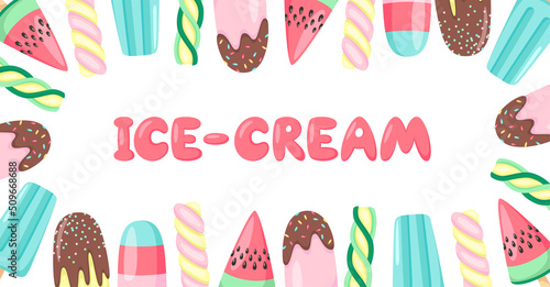 Banner design with multicolored ice cream. Background design for social media, greeting cards, flyers, invitations, postcards. Ice cream business template