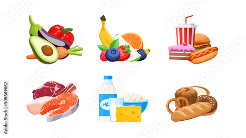 Set of different types of food cartoon vector illustration. Fast food, vegetables, dairy, meat, bakery, fruits. different food groups. Kinds of food. 