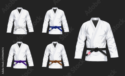 Photo Set of BJJ White Gis with different belts flat vector illustration