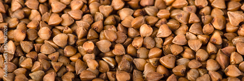 Texture of buckwheat. Background for dry buckwheat design. Large size for banner printing or packaging. Top view of evenly scattered buckwheat groats.