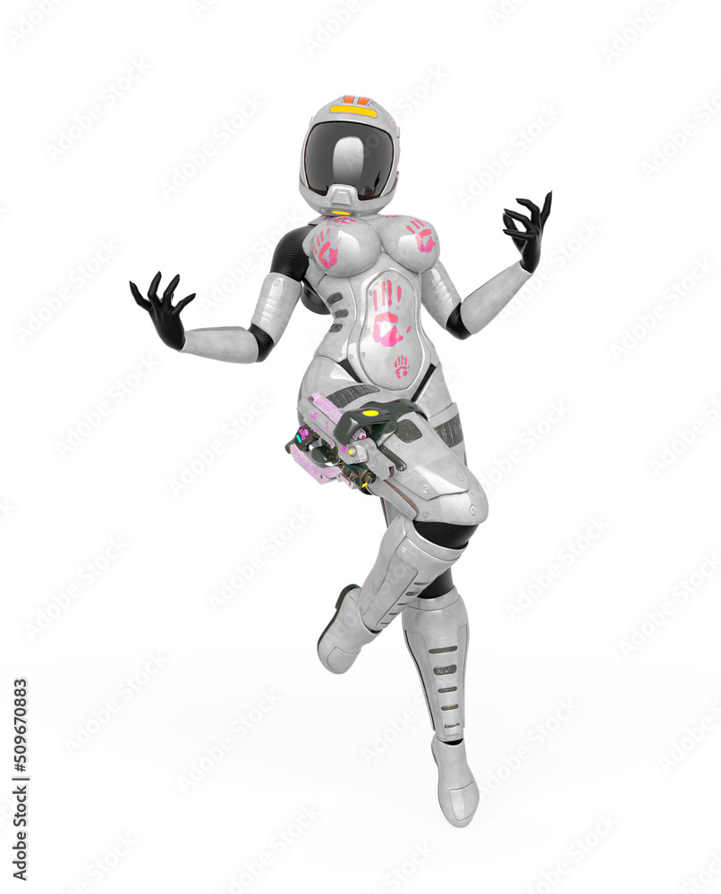 coolest astronaut girl is doing a pin up pose in white background