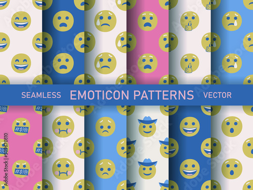 Set of seamless vector facial expression patterns. Collection of chat emoji backgrounds for fabric, textile, wrapping, cover etc. 