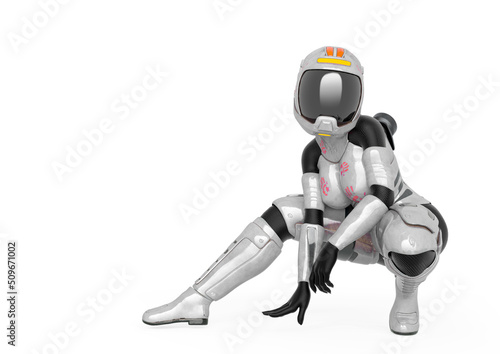 coolest astronaut girl is crouching in white background with copy space