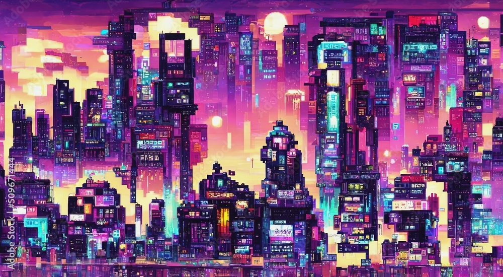 Cyberpunk city neon night. Retro futuristic pixel art composition ...