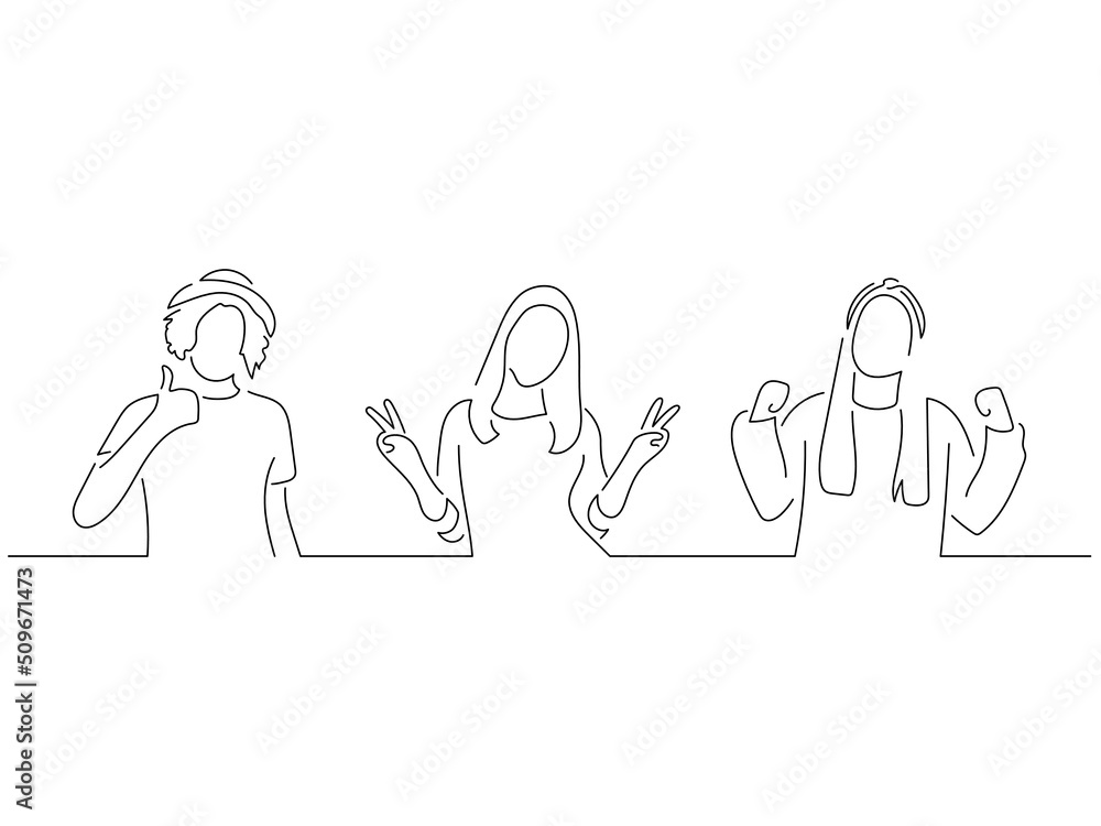 Young people in line art drawing style. Composition of three persons making expressions. Black linear sketch isolated on white background. Vector illustration design. Young people in line art drawing style. Composition of three persons making expressions. Black linear sketch isolated on white background. Vector illustration design.