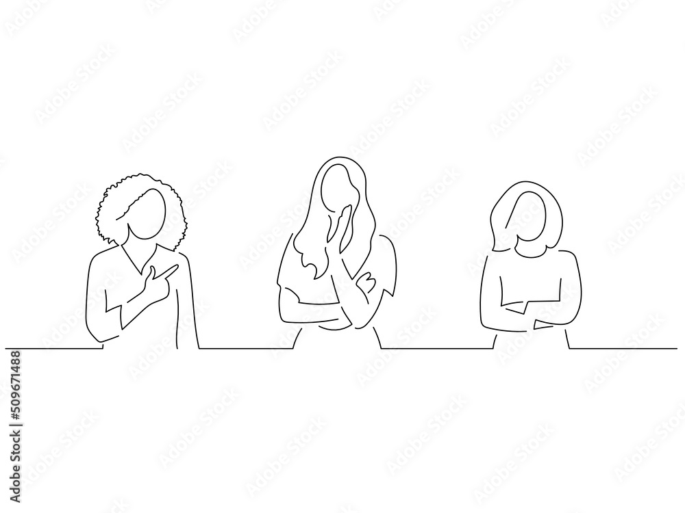 Young people in line art drawing style. Composition of three persons making expressions. Black linear sketch isolated on white background. Vector illustration design. Young people in line art drawing style. Composition of three persons making expressions. Black linear sketch isolated on white background. Vector illustration design.